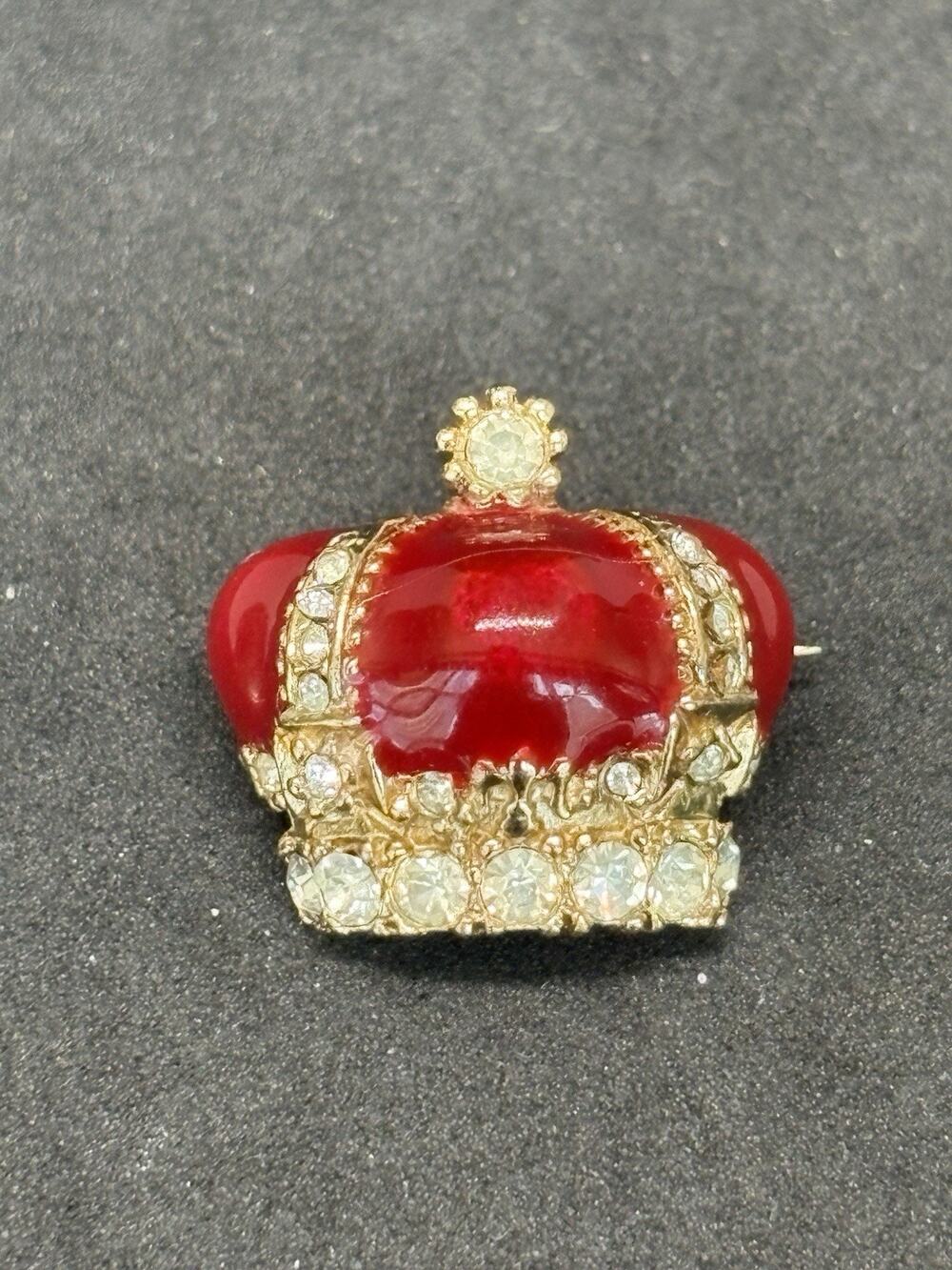 Vintage Signed Ciner Red Enamel Crown Royal Rhinestone Brooch Pin